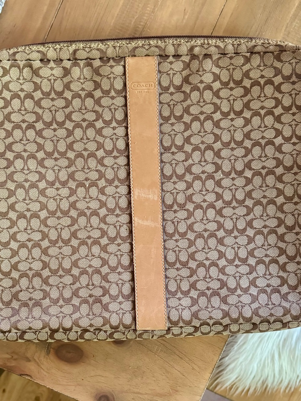 Coach Brown and Tan Signature Canvas Computer Sleeve with Leather Trim